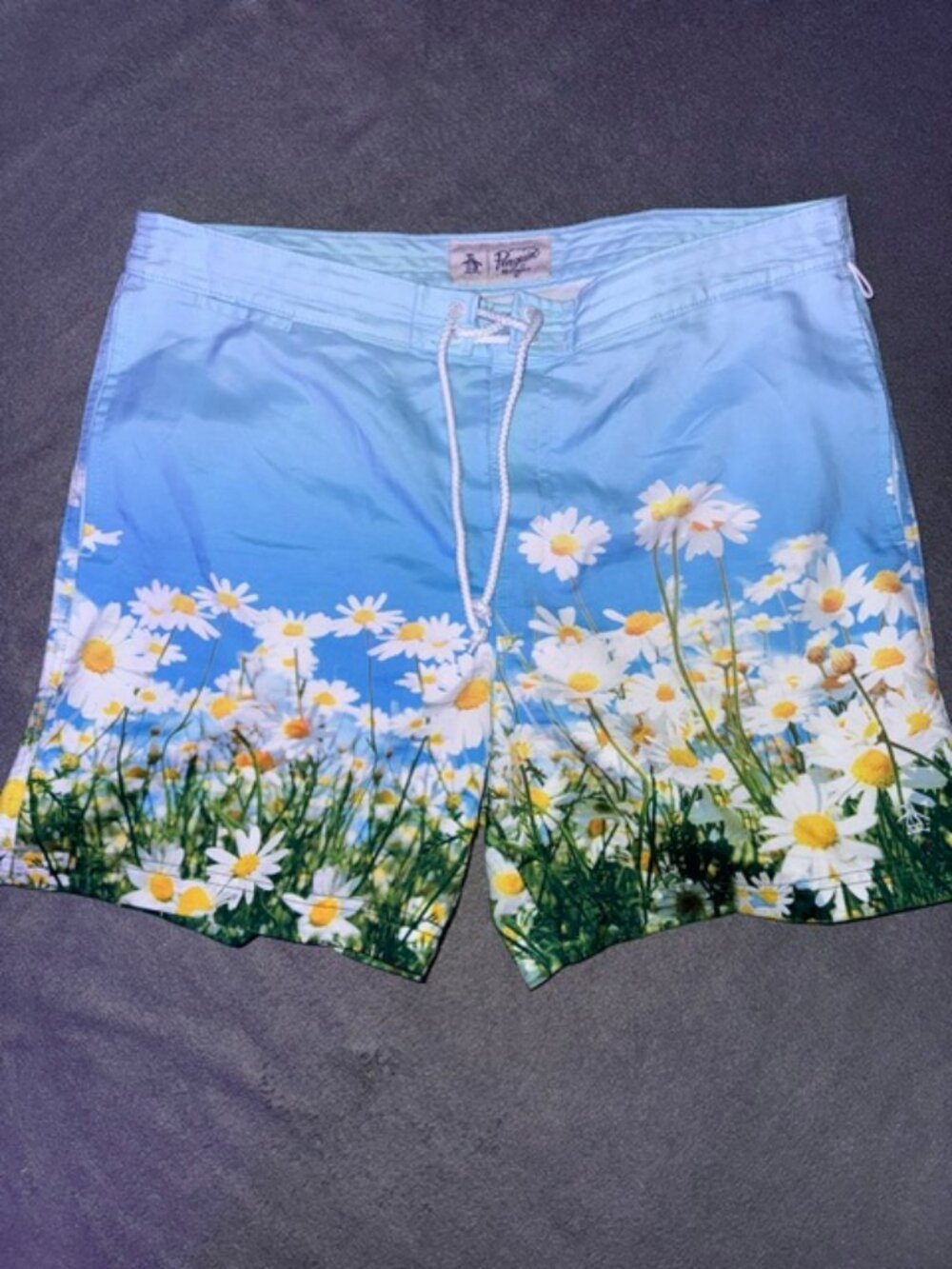 Original Penguin Men’s 34 Swim Trunks Daisy Floral Print Blue Lined Drawstring